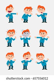 Businessman character. Set with 9 variations for design work and animation.The character is angry, sad, happy, doubting…  Vector illustration to isolated and funny cartoons characters.