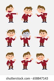 Businessman character. Set with 9 variations for design work and animation.The character is angry, sad, happy, doubting…  Vector illustration to isolated and funny cartoons characters.
