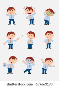 Businessman character. Set with 9 variations for design work and animation.The character is angry, sad, happy, doubting…  Vector illustration to isolated and funny cartoons characters.