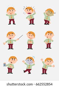 Businessman character. Set with 9 variations for design work and animation.The character is angry, sad, happy, doubting…  Vector illustration to isolated and funny cartoons characters.