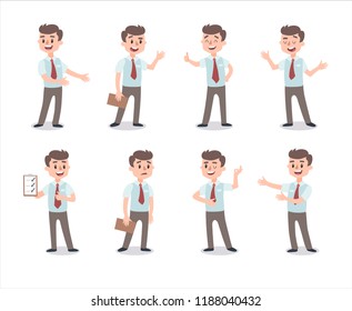 Businessman character set. Animate character. Male personage constructor. Different man postures. Vector set personage. Isolated on white background.