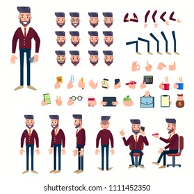 Businessman character set for animation with front, side and back views.
Various face emotions and gestures of hands, standing and sitting poses.
Flat vector illustration in a cartoon style.