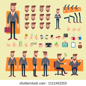 Businessman character set for animation with front, side and back views.
Various face emotions and gestures of hands, standing and sitting poses.
Flat vector illustration in a cartoon style.
