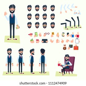 Businessman character set for animation with front, side and back views. Various face emotions and gestures of hands, standing and sitting poses. Flat vector illustration in a cartoon style.