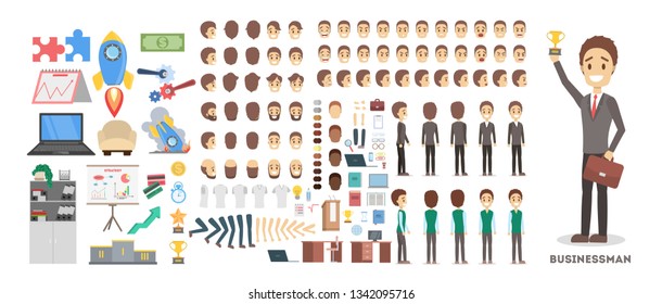 Businessman character set for the animation with various views, hairstyle, emotion, pose and gesture. Office and business equpiment. Flat vector illustration