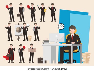 Businessman character set, business people showing different gestures cartoon vector design, standing person pack on soft color background,Posture office man fighter concept design with red cape.