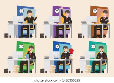 Businessman character set cartoon vector design,leader take a seat on office desk with soft background , computer and paper on table with planner in strategy concept,illustration for business article.