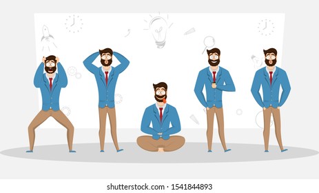 Businessman character set in different expression on line art business elements background.
