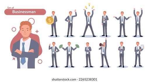 Businessman character set. Different poses and emotions. Flat Vector illustration 