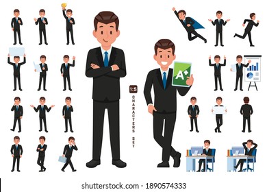 businessman character set in five head to body ratio scale. Working and general situation pose of staff.