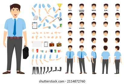 Businessman character set front, side, back view animated character creation set with various views, face emotions, poses and gestures lip sync for mouth animation posing holding