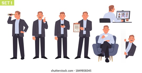 Businessman character set. Man manager in different poses and situations. Videoconference, person drinking tea, looking at phone, searching. Vector illustration in flat style