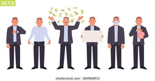 Businessman character set. Man manager in different poses and situations.  Person looks at his watch, no money, bills are falling from the sky, wealth, in a medical mask, holding a piggy bank. Vector 