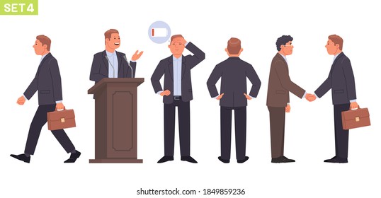 Businessman character set. Man manager in different poses and situations. Person goes to work, stands behind the podium, tired, rear view, handshake with a partner. Vector illustration in flat style