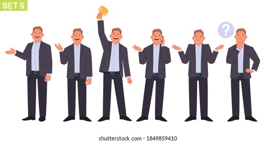 Businessman character set. Man manager in different poses and situations. Person speaks on the phone, holds the cup, victory, shrugs, thinks. Vector illustration in flat style