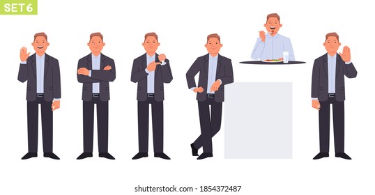 Businessman character set. Man manager in various poses and situations. Person greeting gesture, crossed arms, deadline, eat, stop. Vector illustration in flat style