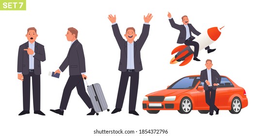 Businessman character set. Man manager in various poses and situations. Person indicates in surprise, business trip, rejoices, flies on a rocket, stands next to car. Vector illustration in flat style