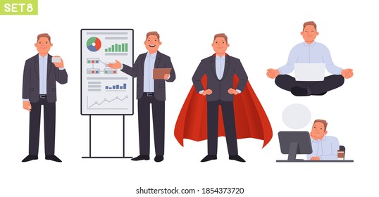 Businessman character set. Man manager in various poses and situations. Person shows a business card, presentation, a superhero in a raincoat, meditates with a laptop, dreams. Vector illustration