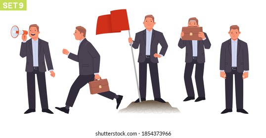 Businessman character set. Man manager in various posess and situations. The person speaks into a megaphone, promotion, runs, leadership, stands with a flag on top, fear, stress. Vector illustration