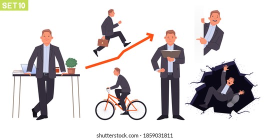 Businessman character set. Man manager in various poses and situations. Rides a bike, runs on schedule, reads a book, falls into a hole, at a work desk. Vector illustration in flat style