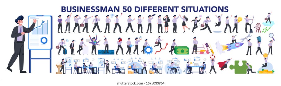 Businessman character set. Poses and meeting, data and hero. Character in suit doing different activities. Office presentation and finance operation. 50 different situation. Vector illustration