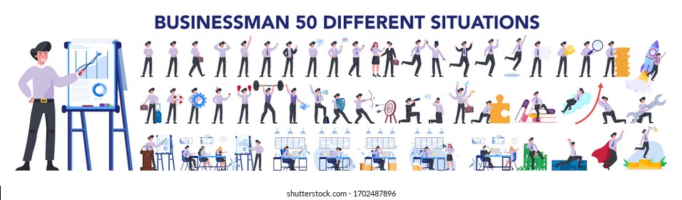 Businessman character set. Poses and meeting, data and hero. Character in suit doing different activities. Office presentation and finance operation. 50 different situation. Vector illustration