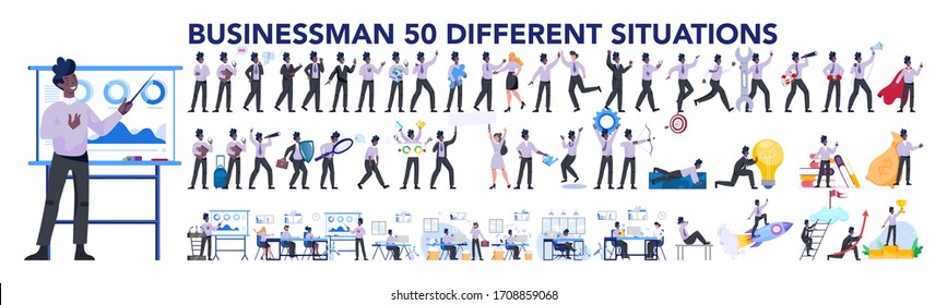 Businessman character set. Poses and meeting, data and hero. Character in suit doing different activities. Office presentation and finance operation. 50 different situation. Vector illustration