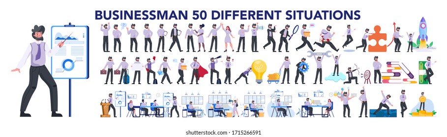 Businessman character set. Poses and meeting, data and hero. Character in suit doing different activities. Office presentation and finance operation. 50 different situation. Vector illustration