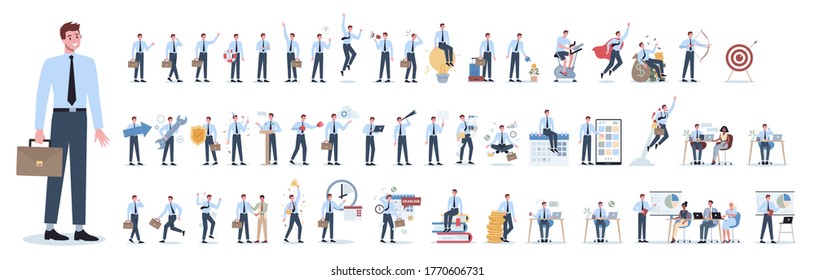 Businessman Character Set. Poses And Meeting, Data And Hero. Character In Suit Doing Different Activities. Office Presentation And Finance Operation. 50 Different Situation. Vector Illustration