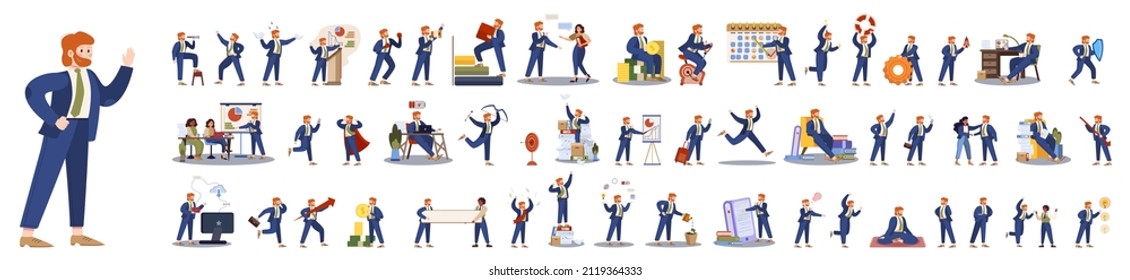 Businessman character set. Poses and meeting, data and hero. Character in suit doing different activities. Office presentation and finance operation. 50 different situation. Vector illustration