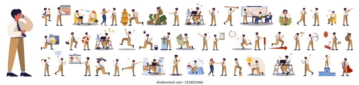 Businessman character set. Poses and meeting, data and hero. Character in suit doing different activities. Office presentation and finance operation. 50 different situation. Vector illustration