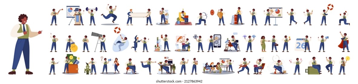 Businessman character set. Poses and meeting, data and hero. Character in suit doing different activities. Office presentation and finance operation. 50 different situation. Vector illustration