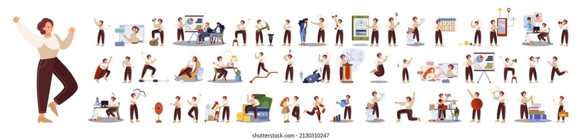 Juego de caracteres de hombre de negocios. Poses y reunión, datos y héroe. Carácter en traje haciendo diferentes actividades. Presentación de oficinas y operaciones financieras. 50 situaciones diferentes. Ilustración del vector