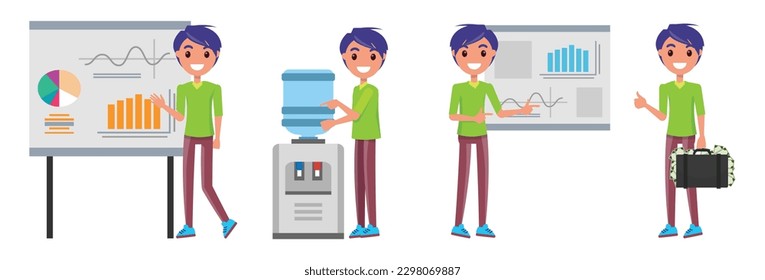 Businessman character set. Poses and meeting, data and person. Character in casual clothes doing different activities, presents report, draws water in cooler. Office presentation and finance operation