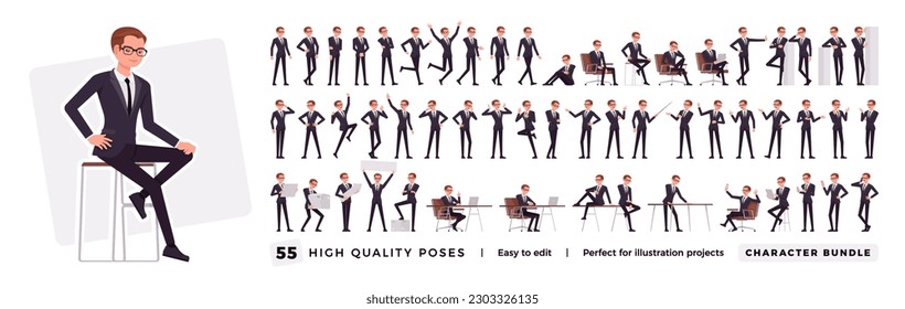 Juego de personajes de negocios, paquete de negocios profesional. Hombre de oficina, buen director de trabajo, poses, emociones, situaciones de oficina. Caricatura vectorial de estilo plano aislado, fondo blanco