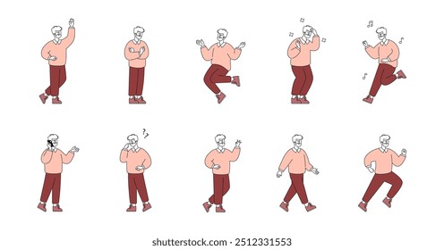 Businessman character set. Professional man in casual attire performing various gestures and movements. Expressing communication, activity, and emotion. Vector illustration.