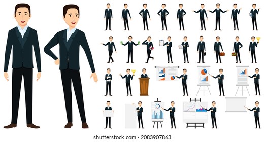 Businessman character set wearing business outfit and standing with different poses and with presentation board with sales graph chart isolated and posing