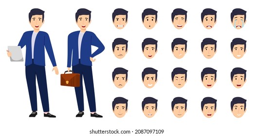 Businessman character set wearing business outfit with different facial expression and emotion sad angry happy unhappy cry posing cheerful isolated icon set