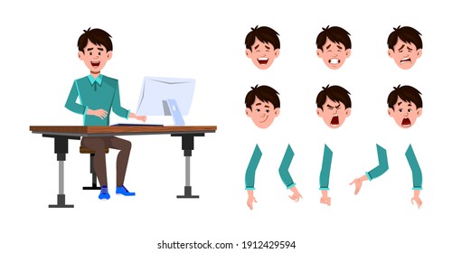 Businessman character set. Businessman worker man character set for animation or motion with different facial emotions and hands