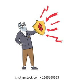 Carácter de hombre de negocios con rótulo de escudo y dólar para proteger los relámpagos en flash. Protección financiera, seguridad, seguros, hombres de negocios protegen de crisis, seguridad monetaria. Ilustración de vectores lineales