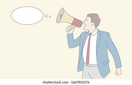 Businessman character shouting in megaphone. Hand drawn vector illustration.