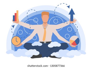 Businessman character showing different diagrams. Planning, presentation, result. Can be used for topics like multitasking, work, busyness