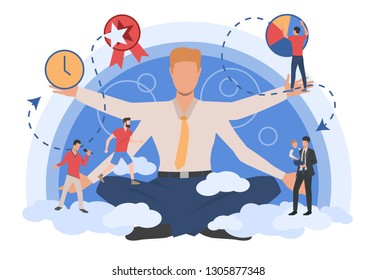 Businessman character showing different types of activity. Lifestyle, work, leisure. Can be used for topics like daily routine, time management, schedule