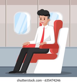 Businessman Character Sitting And Relax In Business Class Seat On The Plane.