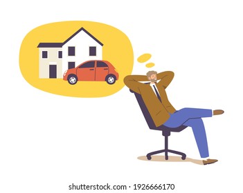 Businessman Character Sitting In Relaxed Pose On Chair Dreaming Of Big House And Car. Cherished Dream, Desire Of Luxury Cottage, Imagination, Future Visualization Concept. Cartoon Vector Illustration