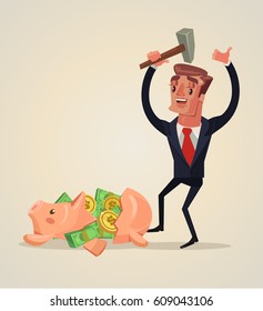 Businessman character smashed piggy bank and have a lot of money. Vector flat cartoon illustration
