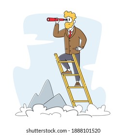 Businessman Character Stand on Ladder at Mountain Top Background Looking to Spyglass. Business Vision, Recruitment Employee, Business Visionary Forecast Prediction. Linear Vector Illustration