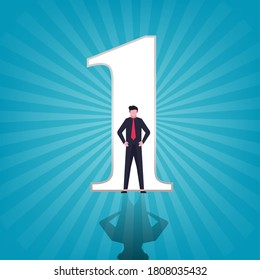 Businessman character standing in front of number one door vector illustration. Success in business and career.