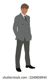 Businessman character standing with his arms in the pockets. Handsome young man wearing formal suit full length, front view. Vector realistic illustration isolated on white background