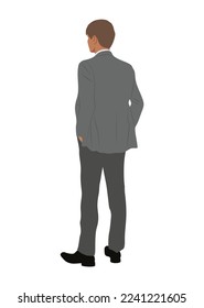 Businessman character standing with his arms in the pockets. Handsome young man wearing formal suit full length, back view. Vector realistic illustration isolated on white background